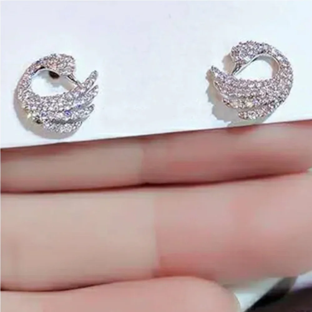 New Sterling Silver White Sapphire Swan Studs